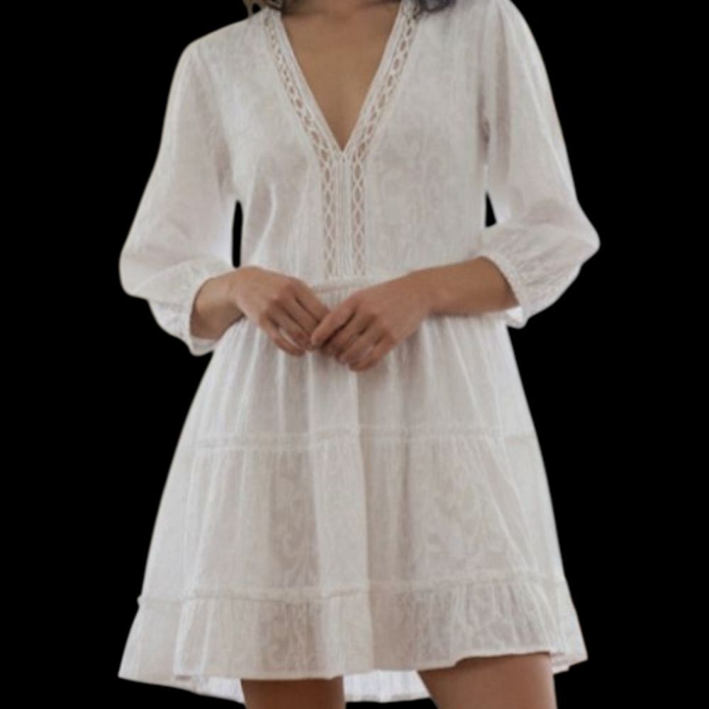 Z&L Europe Boho Tiered Babydoll Dress Oversized S White Cotton Balloon Sleeves